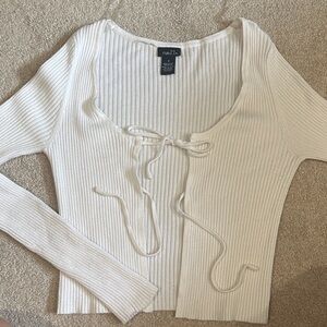 Rue21 Cream Ribbed Knit Top with Tie Front